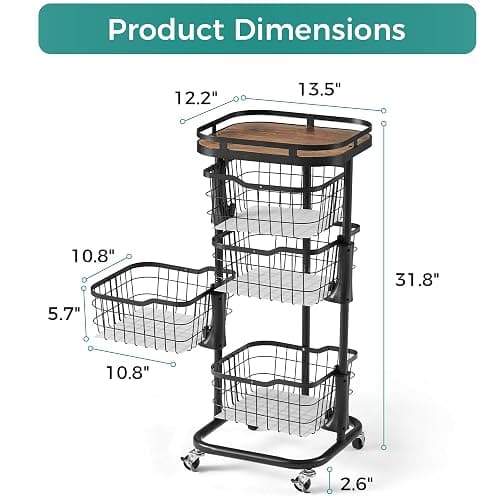 Ocyfym 4 Tier Kitchen Fruit Vegetable Storage Cart with One-Piece Rotating Basket, Pantry Organizer Shelf Rack Floor Stand for Veggie Onion Potato Produce Spice, Rolling Snack Cart on Wheels, Black thumbnail 2