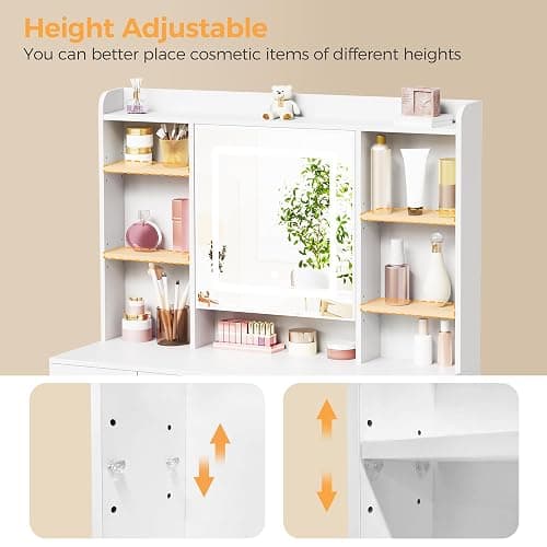 BEWISHOME Vanity Desk with Mirror and Lights, Makeup Vanity Table with Power Outlet,Stool Vanity Table with 9 Drawers 6 Storage Shelves Jewelry Storage,Dressing Table for Bedroom Girls White FST36W thumbnail 4