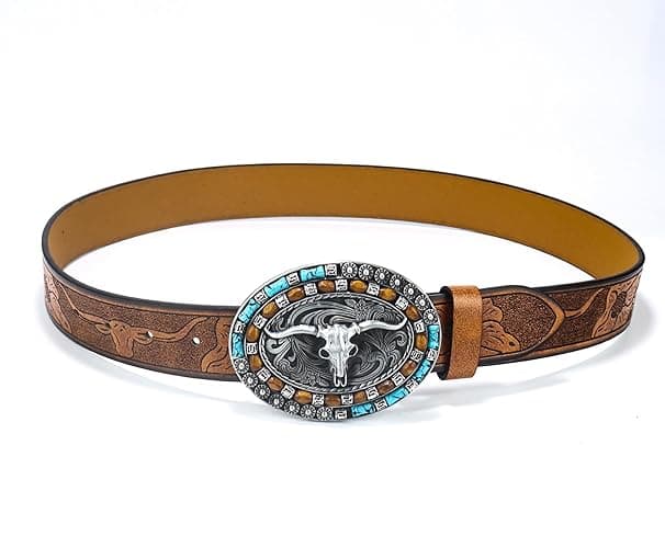 Western PU-Leather Cowboy Buckle Belt for Men and Women Jeans Engraved Floral Longhorn Bull Buckle Belt (27-40" waist) thumbnail 3