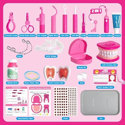 ULOVEME Kids Dentist Play Set Pink with Braces /Removable Teeth /Retainer - Doctor Kit for Toddlers 3-5 - Educational Toys for 4+ Year Old Girls - Pretend Play Toy for Ages 5-7 (Fushia) thumbnail 8
