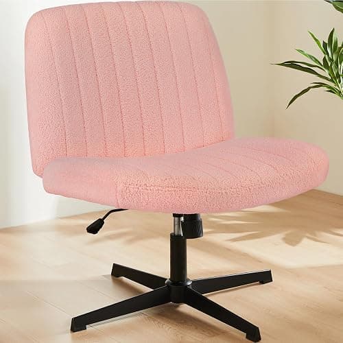 Sweetcrispy Criss Cross Office Chair, Vanity Chair No Wheels | Furry Teddy Fleece, Armless Wide Seat, Height Adjustable Swivel Desk, Task Computer Home Bedroom, Teddy Pink - Image 1