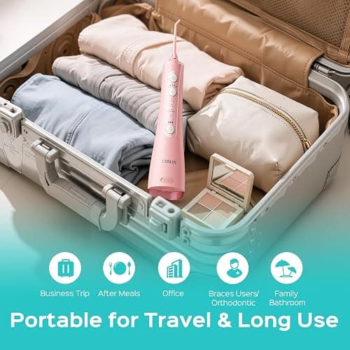 COSLUS Portable Water Flosser for Teeth: 4 Modes & 5 Intensity Levels Professional Electric Dental Pick for Sensitive Gums, Braces & Orthodontic - Cordless for Travel Use, for Adults, BPA-Free, Pink thumbnail 6
