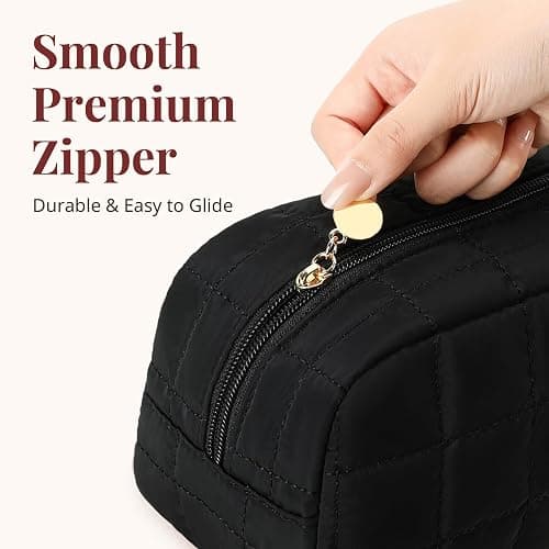 Makeup Bag, Quilted Puffy Travel Toiletry Bag with Compartments, Wide-Open Cosmetic Bag for Women, Pouch Purse Organizer, Black thumbnail 6