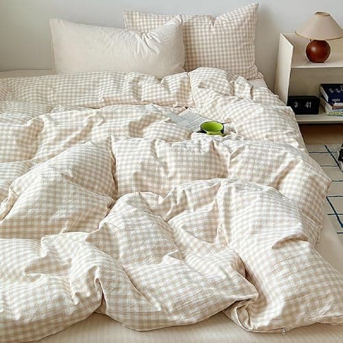 Lanqinglv Single Duvet Cover Set Beige Checkered Gingham Bedding Single Bed | Duvet Cover Single with Zipper Closure,1 Pillowcase 50x75cm,All Season,Oeko-Tex certified,Machinewashable,Great Gift,Soft thumbnail 2