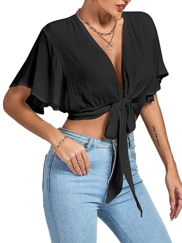 LYANER Women's Deep V Neck Tie Front Knot Wrap Ruffle Short Sleeeve Crop Top Blouse thumbnail 4