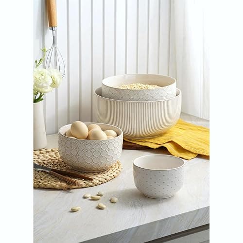 Mikiegy Ceramic Mixing Bowls Set of 4, Nesting Ceramic Embossment Stoneware Mixing Bowls for Cooking, Serving, Popcorn, Salad etc, Microwave & Dishwasher Safe, 20/44/98/145 oz, Off-White thumbnail 2