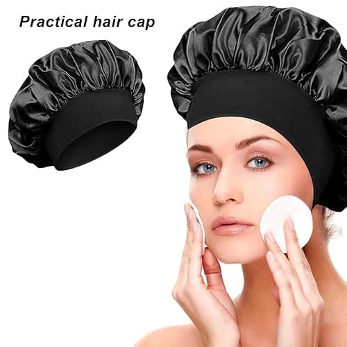Wesoke Womens Sleep Cap 2 Stück Satin Motorhaube Seidenhauben zum Schlafen, Frauen Haarhaube für lockige Haarzöpfe, große Schlafkappe Wiederverwendbare Badduschhaube für Frauen Männer (Schwarz) thumbnail 5