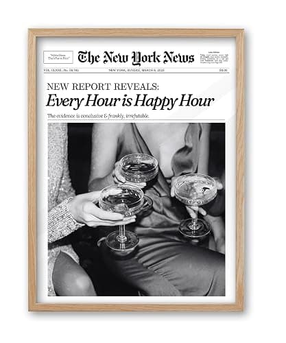 iHery Every Hour is Happy Hour Small Framed Trendy NewsPaper Wall Art, Natural OAK Wood 8x10in Canvas Wall Decor For Bedroom, Retro News Prints Posters for Girl Dorm Living Room Home 1Pack - Image 1