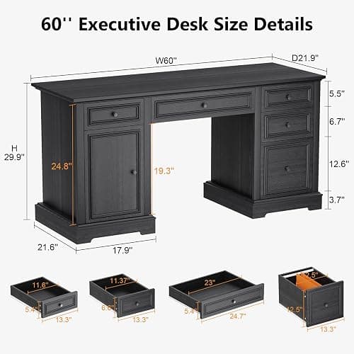 Vipbear 60" Executive Desk, Farmhouse Computer Desk with Drawers and File Cabinet, Embossed Texture Home Office Desks, Workspace for Work Study Writing, Black thumbnail 2