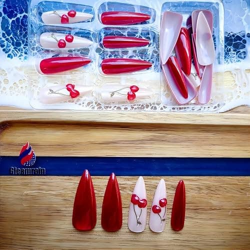 Gleamrain Red Press on Nails Long Stiletto Glue on Nails Almond Shape with 3d Cherry and Cat eye Design for Women and Girls for Christmas Parties Dances or Daily Use 24pcs thumbnail 5