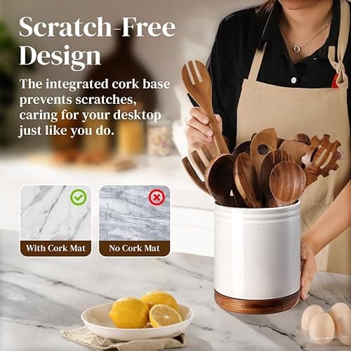 DOWAN 7.6" 360° Rotating Utensil Holder, Kitchen Utensil Holder for Countertop,Large Ceramic Utensil Crock for Kitchen Counter, Protection Cork Bottom, White thumbnail 5