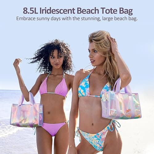 Beach Bag 26L Large Iridescent Waterproof Beach Tote Bag for Women with Zipper & Phone Pouch Sand/Tip-Proof Crossbody thumbnail 2