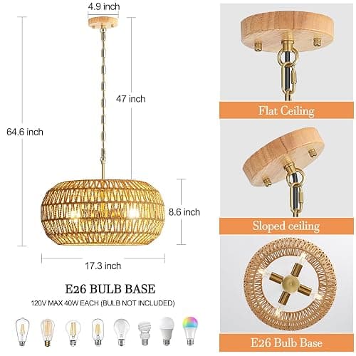 CGXRDK Rattan 4-Lights 17.3-Inch Chandeliers for Dining Room, Elegant Dining Room Light Fixture, Stylish Pendant Lights Kitchen Island thumbnail 4