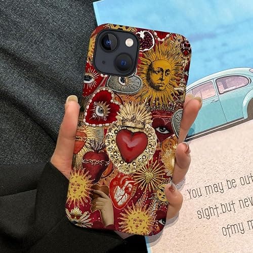Case Compatible with iPhone 13,Scratch Resistant Hybrid 2-Layer Hard Shell Phone Case,Vintage Sacred Heart Sun Red thumbnail 5