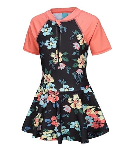 Aisyee Swimming Costume Girls Swimsuit Kids One Piece Short Sleeve Skirt Swimwear Girls Swim Dress Age 5-16 Years - Image 1