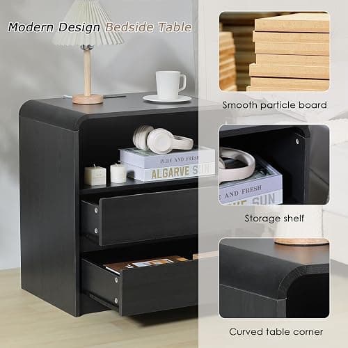HtThalamic Modern Nightstands with Charging Station, Black Night Stand with 2 Drawers, Wood End Table with Storage, 23.6'' Wide Bedside Cabinet for Bedroom thumbnail 3