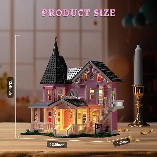 Pink Palace House Building Set with Lights, Halloween Haunted House Blocks Toy, Halloween House Kit for Kids Adults, Compatible with Lego, Christmas for Girls and Boys, Aged 8+ (1349PCS) thumbnail 3