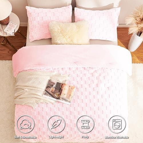 CozyLux Fleece Queen Comforter Set Blush Pink,Super Soft & Warm Fluffy Bedding with Checkered Pattern,Luxury Fuzzy Heavy Bed Set for Winter,3 Pieces,1 Comforter and 2 Pillowcases thumbnail 2