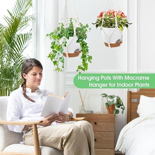 Vanslogreen Hanging Planters for Indoor Outdoor Plants, 2 Pack Self Watering Hanging Pots, Hanging Plant Baskets with Drainage Holes & 2 Types of Plant Hangers (White, 6'') thumbnail 7
