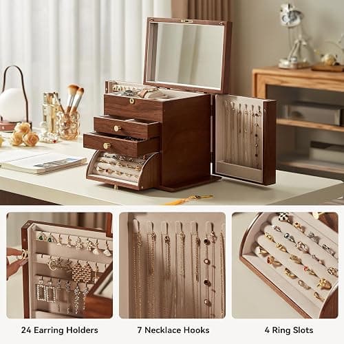 Homruilink Black Walnut Wooden Jewelry Box, Wood Jewelry Organizer with 2 Side Doors Mirror Lockable Classical for Watch Necklace Ring Earring Storage Christmas Gifts-4 Layer with Curved Ring Grooves thumbnail 5