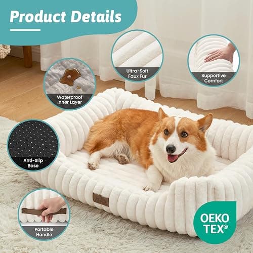 COZY KISS Orthopedic Dog Bed for Small Dogs & Medium Dogs - Washable Rectangle Pet Bed with Anti-Slip Bottom, Soft Calming Cat & Puppy Bed for Indoor Pets (30"x23"x7", Cream) thumbnail 4