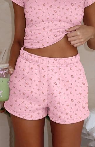 BAIGRAM Women Cozy High Waist Ditsy Floral Fleece Sweat Shorts Cute Y2K Lounge Running Athletic Track Shorts Side Pockets thumbnail 2
