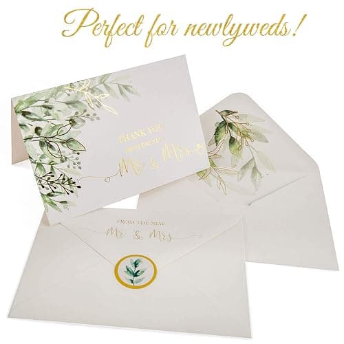 100 Thick & Sturdy Blank Wedding Thank You Cards With Envelopes. 4x6 Inches Wedding Thank You Notes. Includes High Quality Stickers To Seal New Mr. & Mrs. Thank You Wedding Cards by VNS Creations thumbnail 4