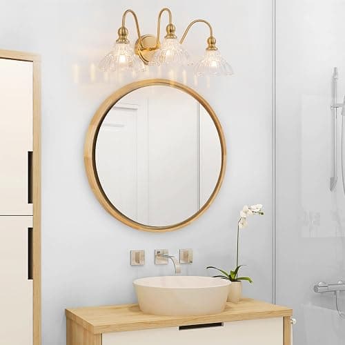 BrkNit Vintage Bathroom Light Fixtures Over Mirror, 3-Light Brass Wall Sconce Lighting with Flower Glass Shade, Farmhouse Vanity Lights for Bedroom Kitchen Living Room Hallway Light thumbnail 9