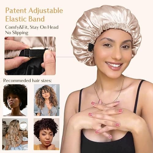 YANIBEST Adjustable Satin Bonnet Double Layer Hair Bonnet for Sleeping Bonnets for Women Hats Curly Natural Hair, Champagne thumbnail 3