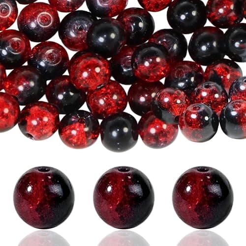100Pcs 10mm Crackle Glass Beads for Jewelry Making - Round Spacer Crystal Beads Bulk, DIY Craft Supplies for Necklace Bracelet Earrings (Red Black) - Image 1