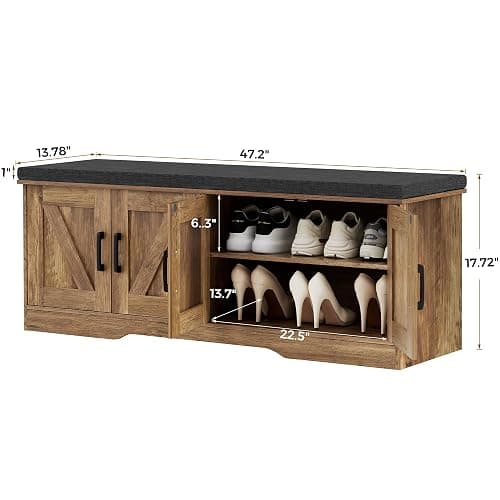 HOMSHO 2-Tier Storage Bench, 47.2" Wide Shoe Bench with Padded Seat Cushion, Entryway Bench with 4 Barn Doors and Adjustable Shelf, Rustic Walnut thumbnail 3