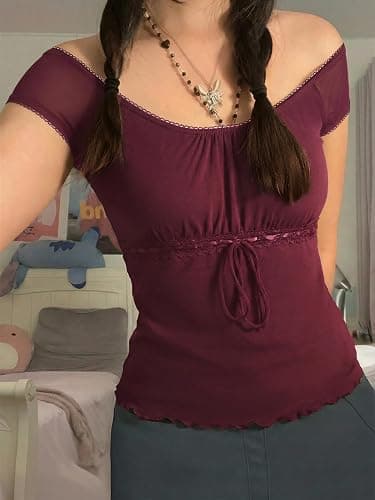 EMMIOL Y2K Mesh Top Women Babydoll Stretchy Short Sleeve Shirt | Scoop Neck,Cute Summer Top,Fairy Blouse,Grunge Clothes,Slim Fit,Going Out thumbnail 2