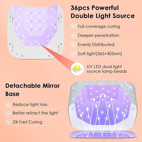 UV LED Nail Lamp Cordless, HUITINE 80W Rechargeable UV Light for Gel Nails, Professional Gel Light Dryer with 5 Timers & Mirror Base, Sparkling Rhinestones Diamond Curing Lamp for Salon & Home thumbnail 3