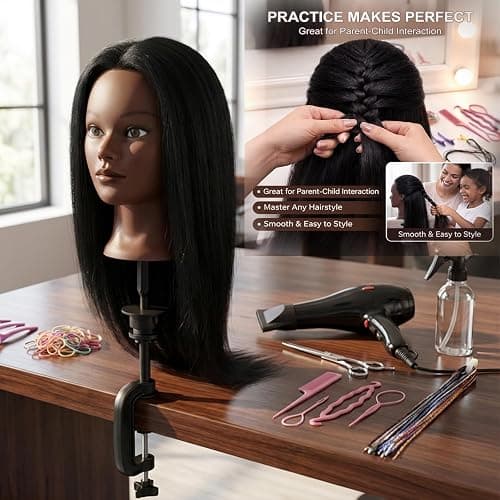 Mannequin Head Human Hair 16 Inch, 100% Real Human Hair Cosmetology Mannequin Head with Clamp Stand, Professional Hair Manikin Doll Head for Braiding, Styling & Hairdresser Training (Black-16inch) thumbnail 5