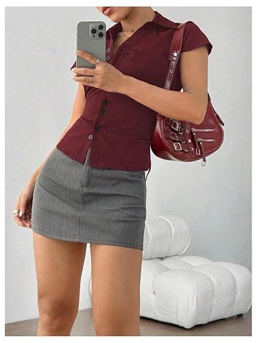 SweatyRocks Women's Ruched Button Down Shirt Short Sleeve Tie Back Fitted Blouses thumbnail 4