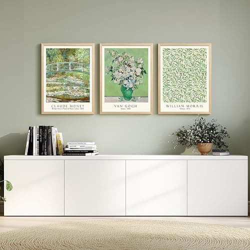 FASWQ Wood Framed Monet Van Gogh William Morris Wall Art, Grass Botanical Wall Decor, Mid Century Impressionist Canvas Paintings, Modern Green Landscape Poster Print for Living Room Bedroom 12"x16"x3 thumbnail 4