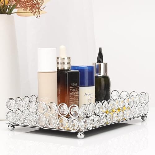 Elegant Silver Crystal Mirror Perfume Tray for Vanity, Coffee Table, and Home Decor - Small Glass Tray for Jewelry, Perfume, and Decorative Items - Bandeja para Perfumes, Perfume Trays for Dresser thumbnail 2