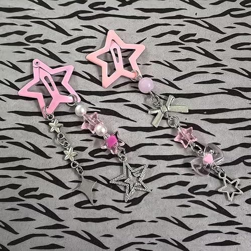 FFLaiwah Y2k Kawaii Star Hair Clips with Charms, Candy Colors, Bow Moon Heart Coquette Aesthetic Barrettes Beads Tassel Glitter Sparkly Star Hair Clips Accesssories for Women-Pink thumbnail 6