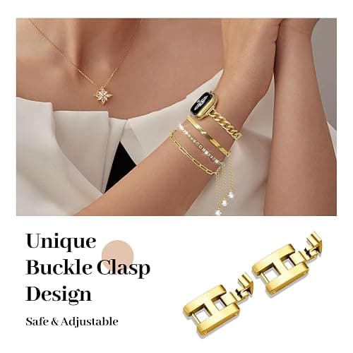 Slim Golden Band and 3Pcs 14k Golden Bracelet Set Women Feminine Elegant Compatible with Apple Watch 38/40/41/42mm(S10/11) Adjustable Metal Dressy Strap for iWatch Series 11/10/9/8/7/6/5/4/SE/3/2/1 thumbnail 4