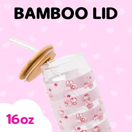 Silver Buffalo Sanrio Hello Kitty Strawberry Milk Pink Glass Jar Tumbler with Bamboo Lid and Glass Straw, 16 Ounces thumbnail 3