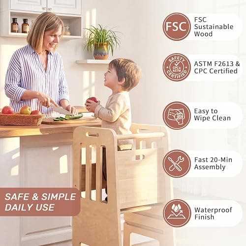 WINGYZ Toddler Tower - Anti-Tip Natural Wood Learning Stool for Kids 18M-6Y, 150lb Capacity Kitchen Helper Stool with 3-Height Adjustable Platform and Sliding Door Access, 20lb Portable Design, Wood thumbnail 5