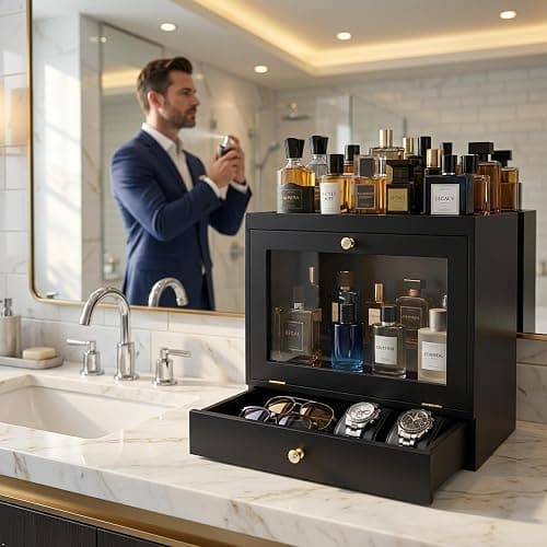 Vellabliss Cologne Organizer for Men, Large Capacity Solid Wood Perfume Organizer with Dustproof Acrylic Door and Drawer Storage, Display Cologne Stand for Dresser, Ideal Gift for Men thumbnail 2