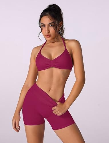 ABOCIW Womens Seamless Workout Sets 2 Piece Strappy Halter Sports Bra Scrunch Butt Shorts Gym Yoga Outfits thumbnail 4