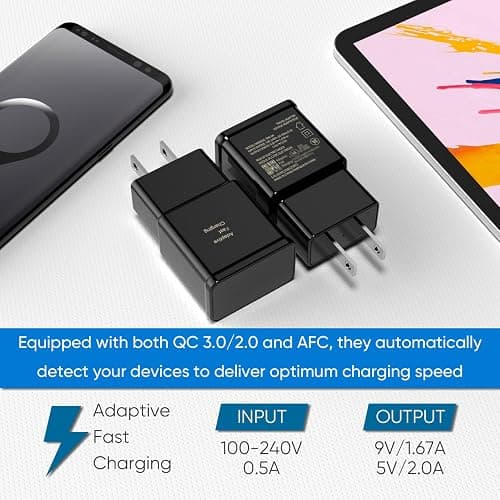 Adaptive Fast Charging Block USB Wall Charger Adapter Fits Samsung Galaxy S25/S24/S23/S22/S22 Ultra/S21/S20/S10/S9/S8/S7/Edge/Note 10 Quick Charge (Black, 2 Pack) thumbnail 6