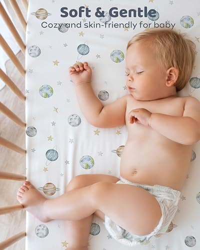FIEMOL Baby Crib Sheets for Boys and Girls, Toddler Bed Sheets Fitted for 52”x28” Standard Crib and Toddler Mattresses, 4 Pack Soft Stretchy Microfiber Blue Space Astronaut thumbnail 8