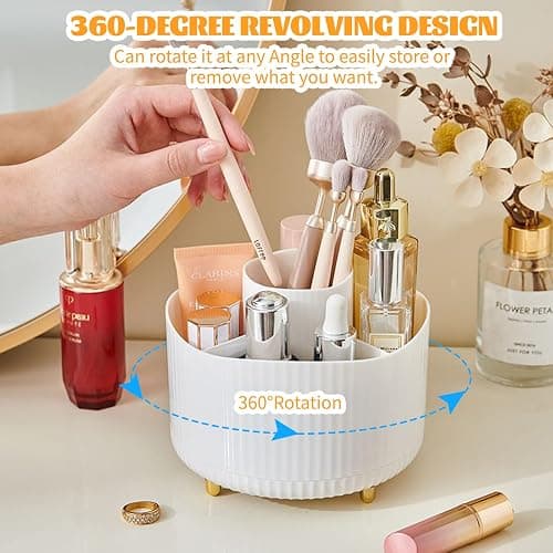 360° Drehbar Make up Organizer, Pinselhalter Kosmetik Aufbewahrung mit 5 Fächern, Aesthetic Schminktisch Organizers für Zimmer Decor Frisiertisch, Schlafzimmer,Badezimmer Organisation (Weiß) thumbnail 6