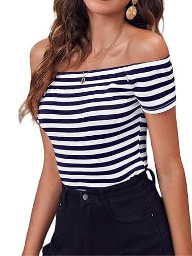 LilyCoco Off The Shoulder Tops for Women Striped Short Sleeve Sexy Going Out Top thumbnail 3