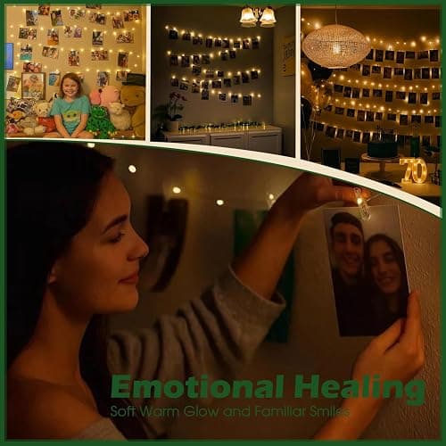 Photo String Lights with Clips for Hanging: 33Ft 100LED & Timer Fairy Light with 50 Clear Clip for Picture Display - Indoor Bedroom Room Dorm Wall Decor - Christmas Party Wedding Romantic Lighting - Warm White - Battery Powered-100LED thumbnail 6