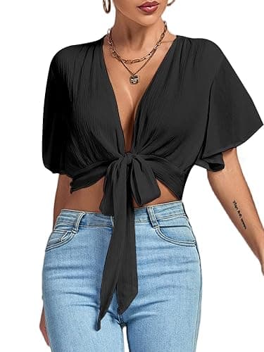 LYANER Women's Deep V Neck Tie Front Knot Wrap Ruffle Short Sleeeve Crop Top Blouse - Image 1
