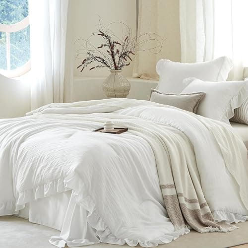 softpage White Ruffle 2 Pieces Comforter Set Twin Shabby Chic Bedding Set | Pre-Washed Lightweight Cottagecore Soft Romantic Cozy 1 Comforter & 1 Sham All-Season - Image 1